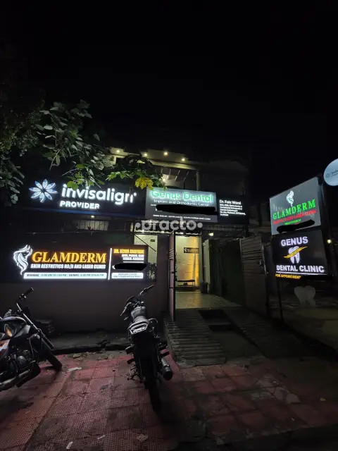Clinic signage at night, Genus Dental, Lucknow